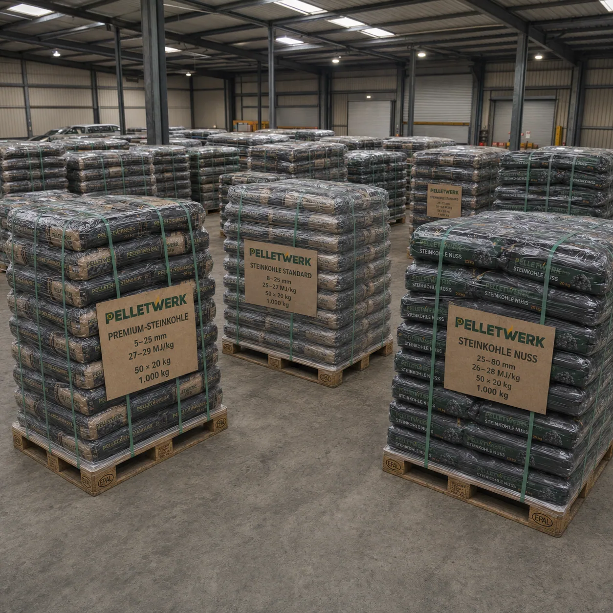 Steinkohle Standard 8–25 mm, 25–27 MJ/kg · Vorratspalette 1.000 kg (50 × 20 kg)